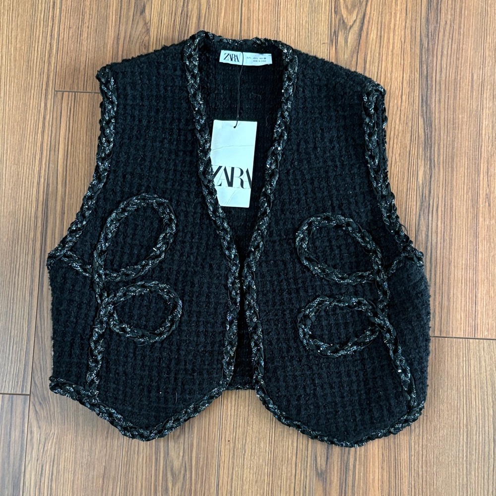 Zara Black Woven Vest with Braided Trim